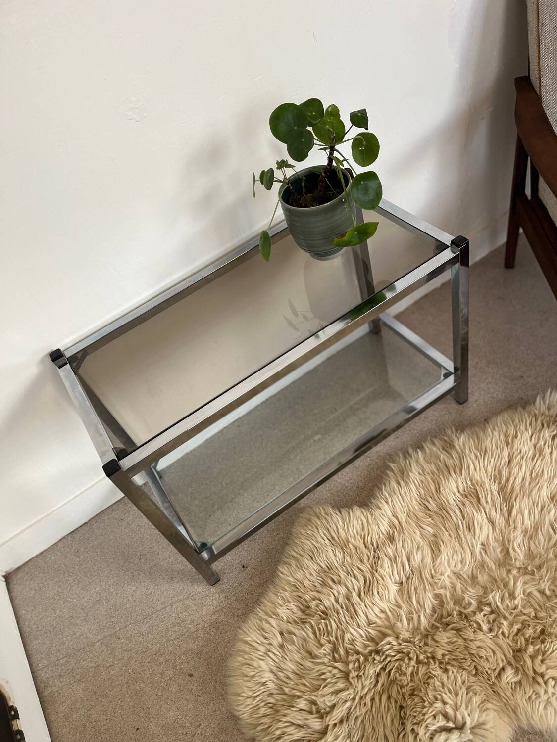 Table basse console verre et chrome vintage