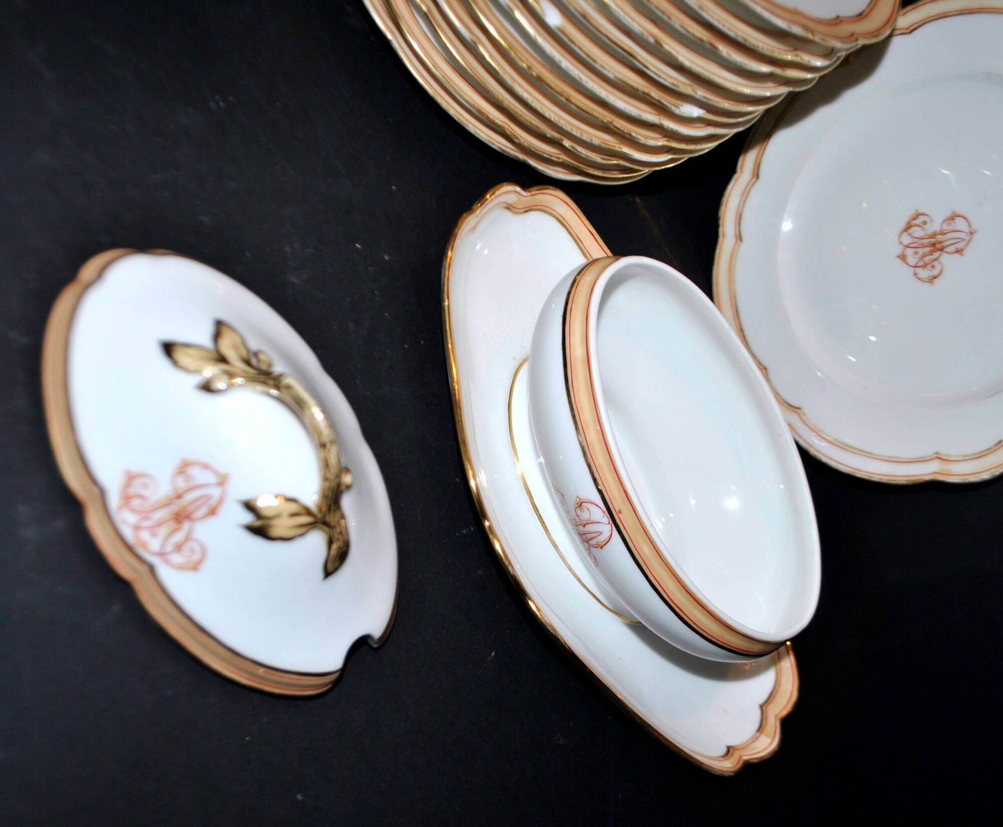 Paris porcelain set of 12 plates, dish and sauce boat, antique tableware with monogram BA.
