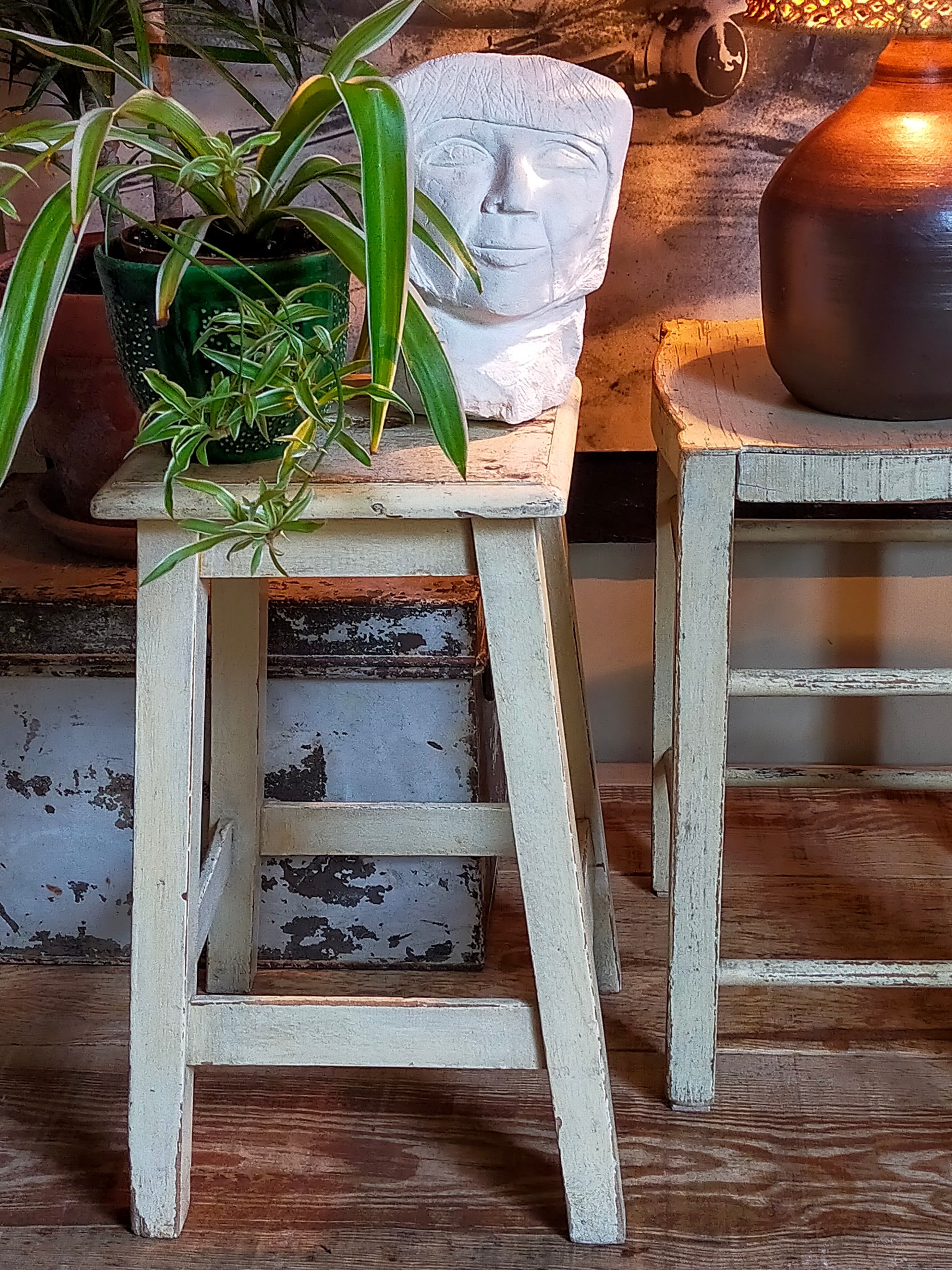 Wooden workshop stool with old patina