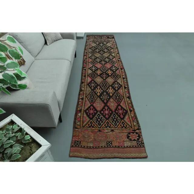 1970s Vintage Turkish Oushak Handmade Wool Cotton Pink Runner Rug 85x377