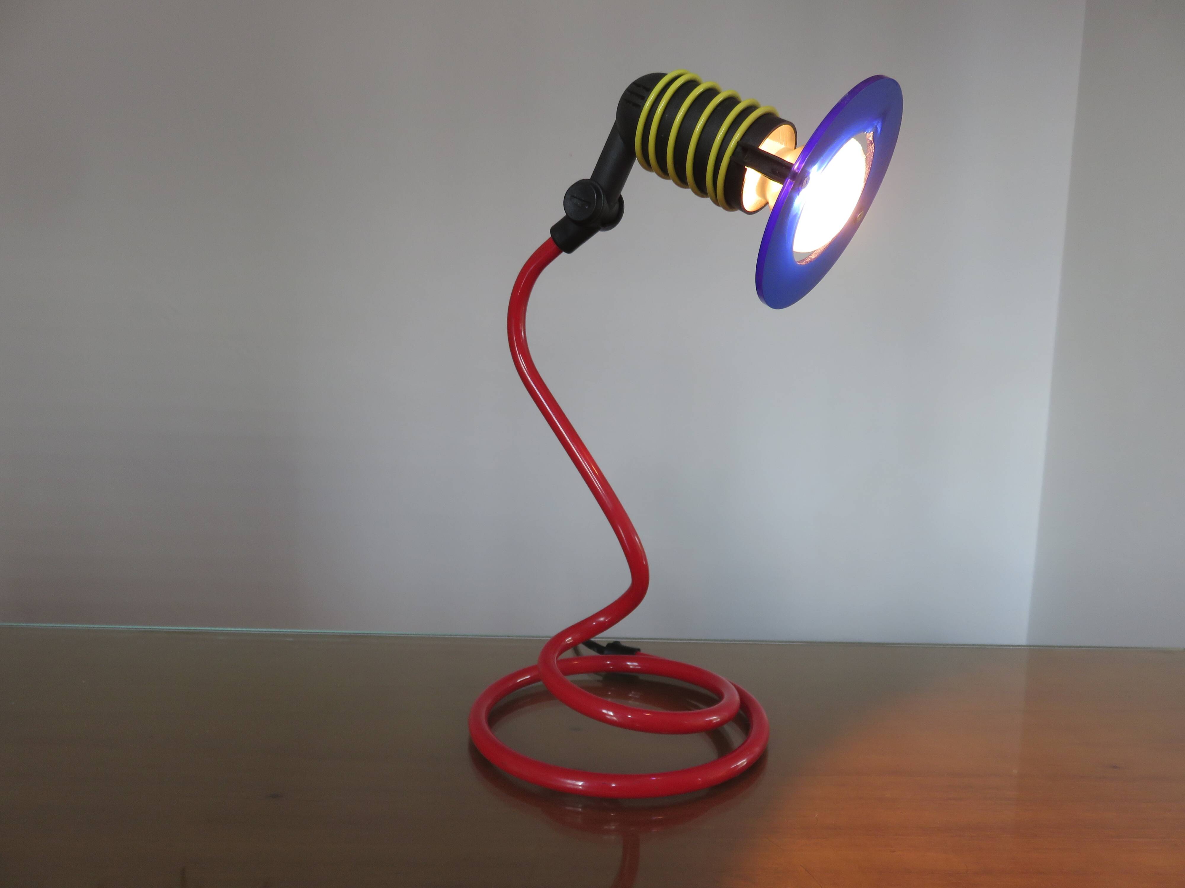 Spiral lamp in primary colours from the 80s Memphis era.