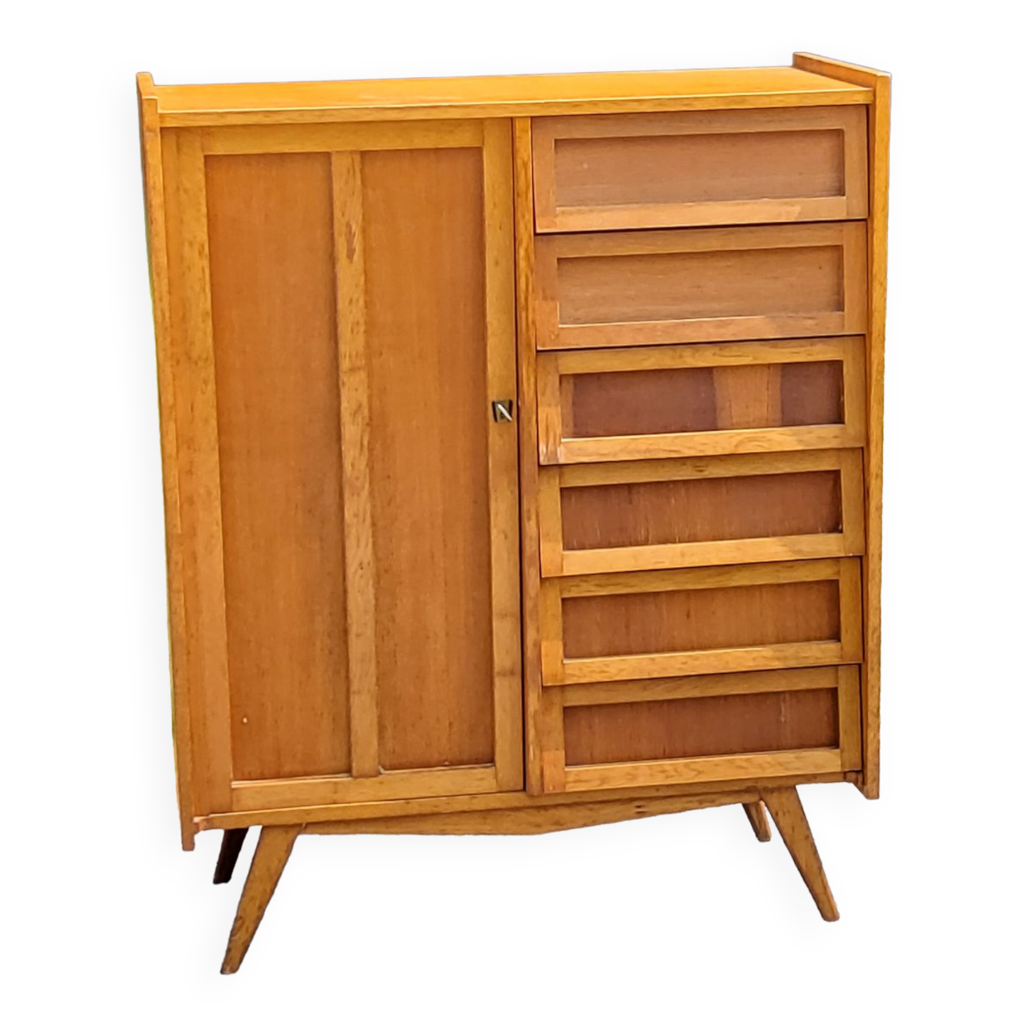 Vintage Golden Blond Oak Chest of drawers Feet Compass 6 Drawers 1 Door 50s