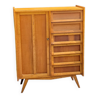 Vintage Golden Blond Oak Chest of drawers Feet Compass 6 Drawers 1 Door 50s