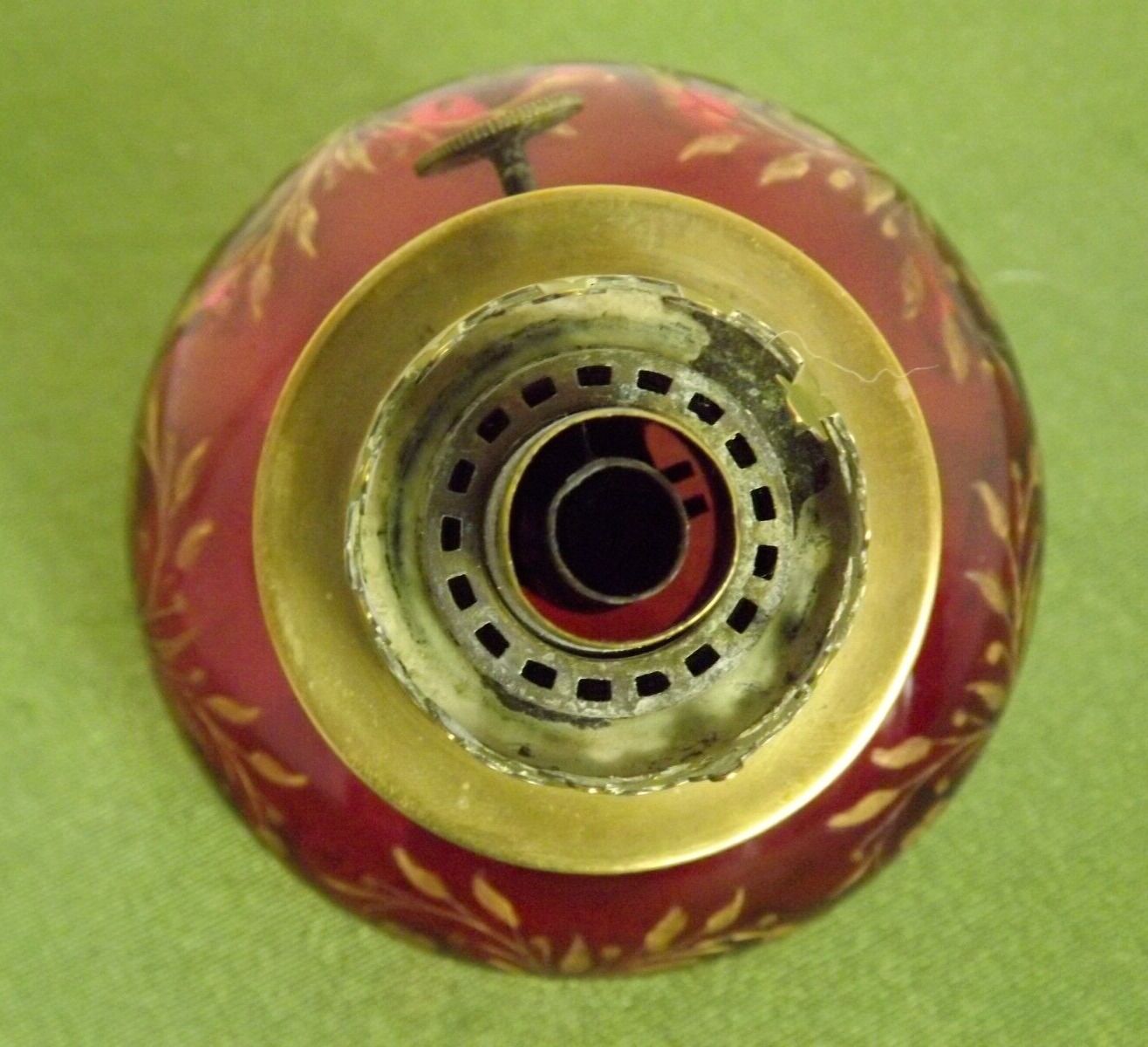 2 French Antique Cranberry Glass Oil Lantern Reservoirs Etched Gold Flowers 3984