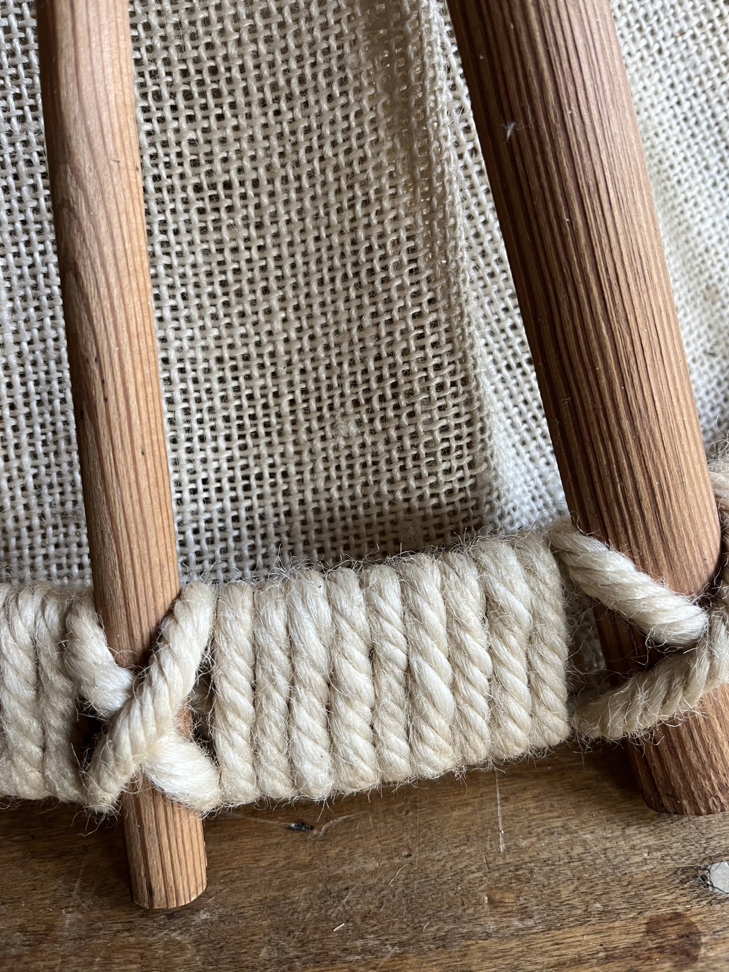 Large Scandinavian pendant light, natural wood, jute, wool, 70s