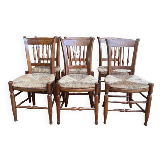 Suite de 6 chaises rustique paillées 19eme