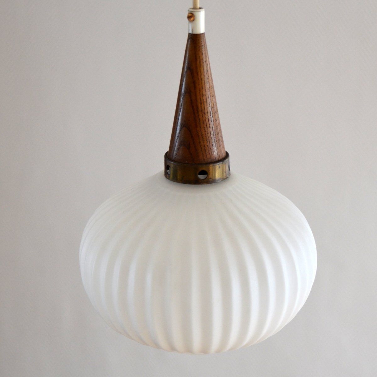 Scandinavian opaline and teak pendant light, 1960