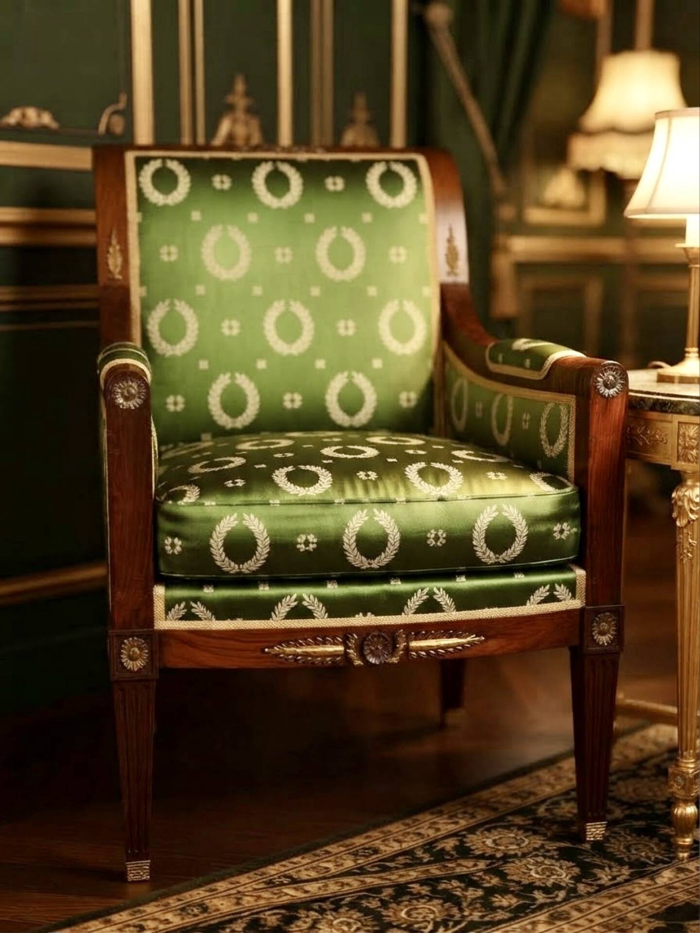 Fauteuil de style Empire en bois et tissu vert