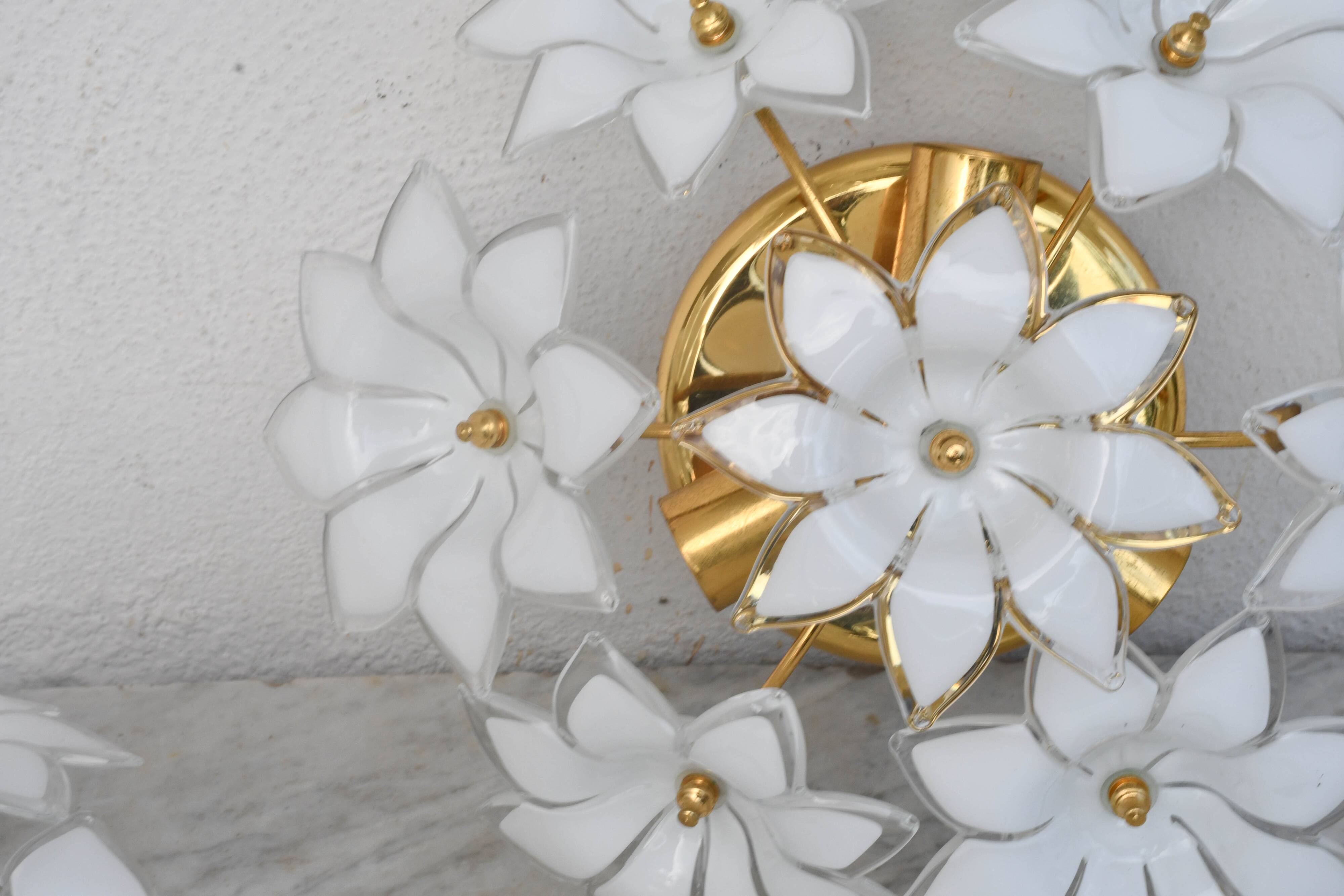 Set of 2 Charming Murano Vintage Ceiling Light White Flowers, 1970s