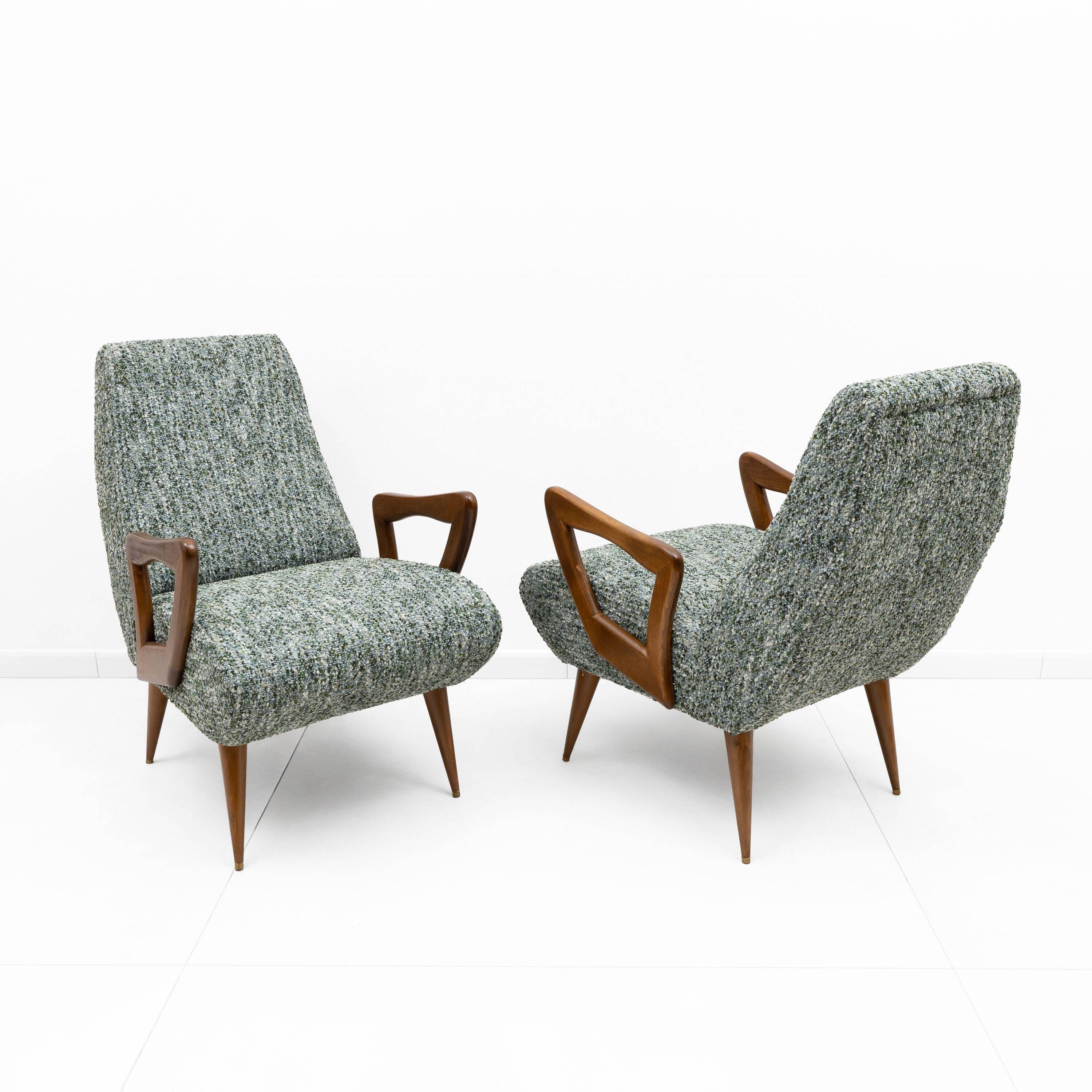 Pair of Italian Mid-Century Modern Armchairs with Sculptural Wooden Arms
