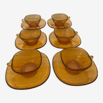 Set of 6 cups and saucers tea coffee Vereco amber vintage 70´