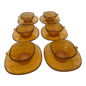 Set of 6 cups and saucers tea coffee Vereco amber vintage 70´