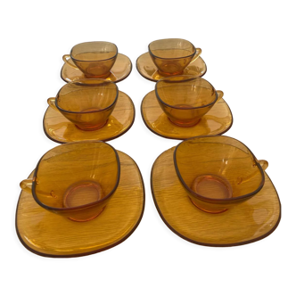 Lot de 6 tasses et sous tasses thé cafe Vereco ambre vintage 70´