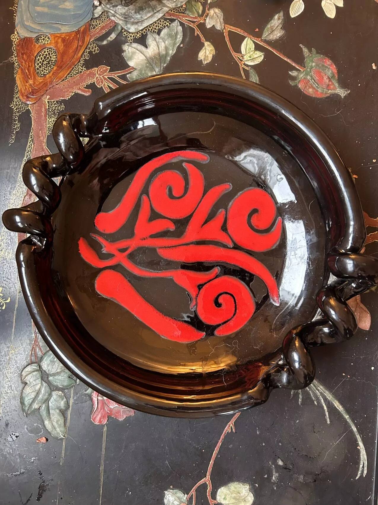 Vintage decorative bowl in black and red ceramic – 1960s/70s