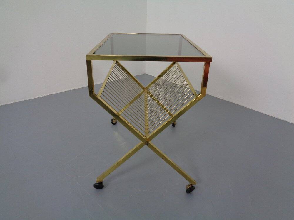 French brass and glass cart with magazine rack, 1960s