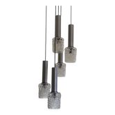 Large suspension chandelier with 5 glass lampshades and aluminium tube.