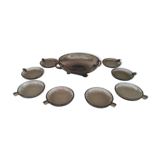 Vintage dessert service 9 pieces in chiseled smoked brown glass