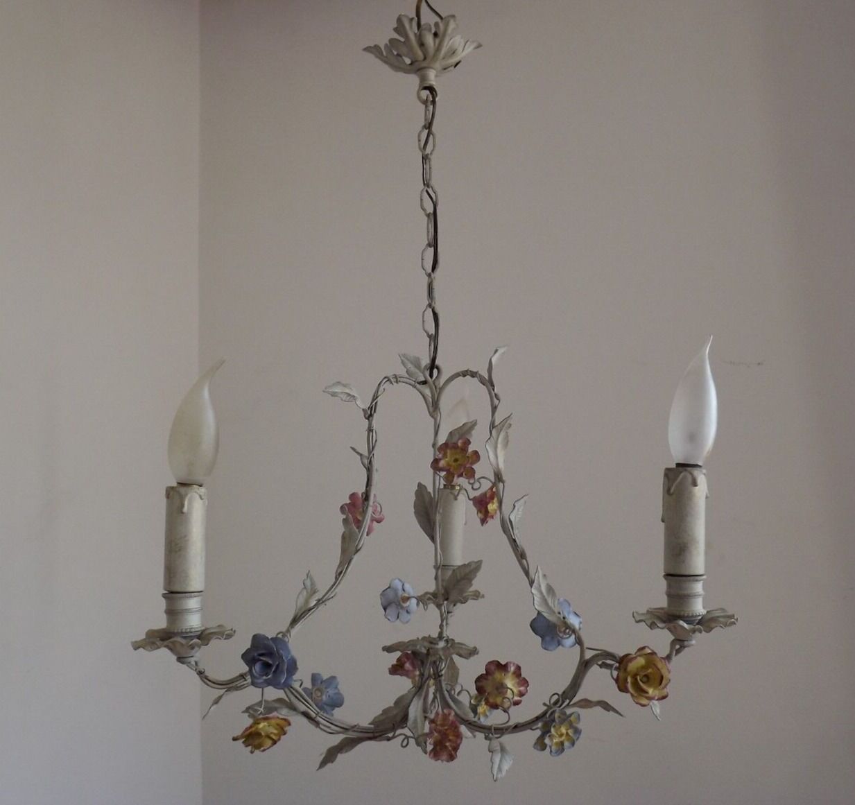 Italian tole ware 3 light cage chandelier with porcelain flowers