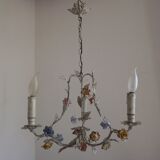 Italian tole ware 3 light cage chandelier with porcelain flowers
