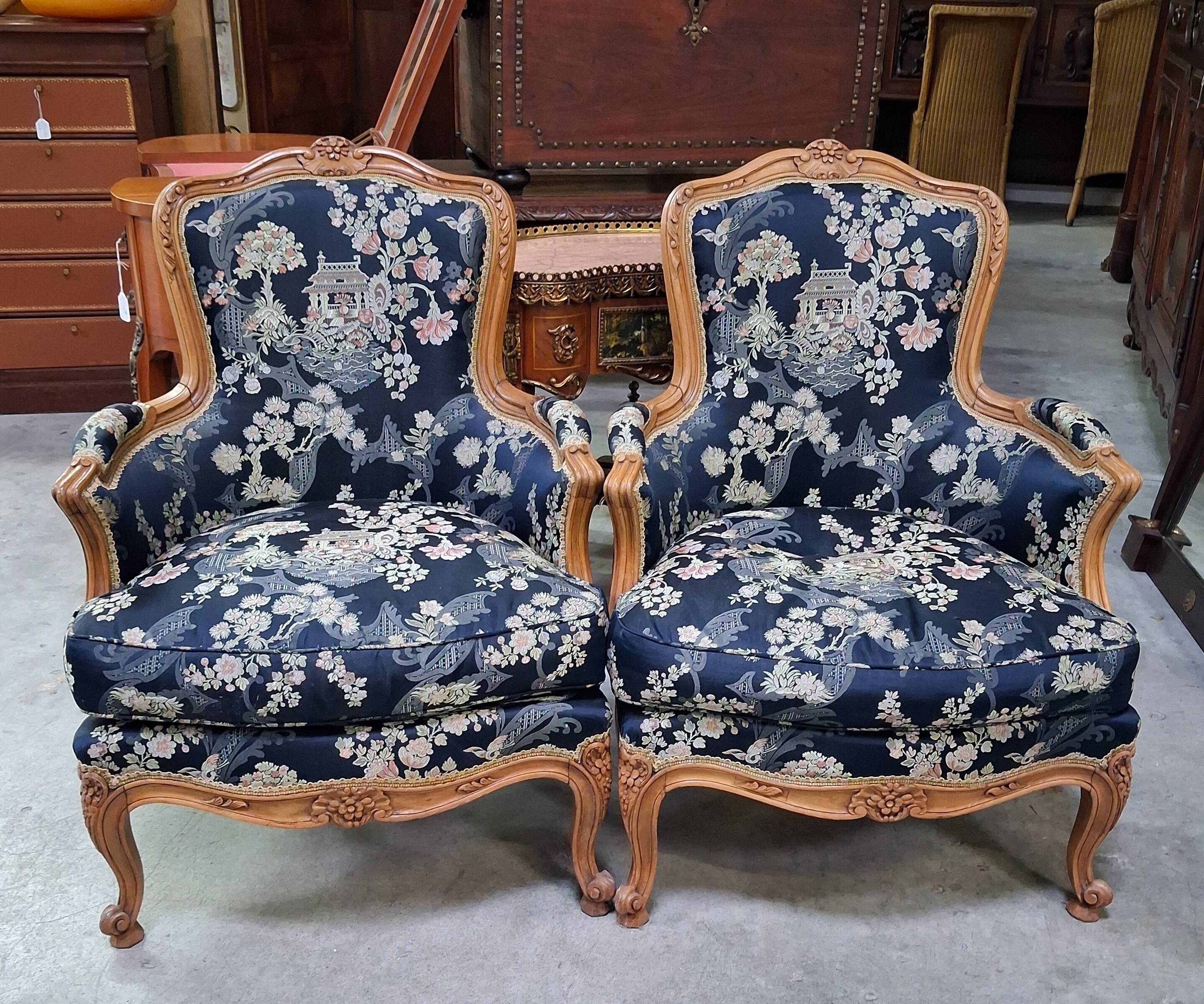 Pair of Louis XV style armchairs with Japonese tapestry.