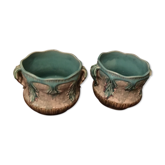 Pair of pot cache in barbotine earthenware