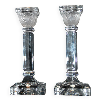 Lot de 2 bougeoirs en cristal sablé style lalique art déco - cristallerie de rattenberg en autriche