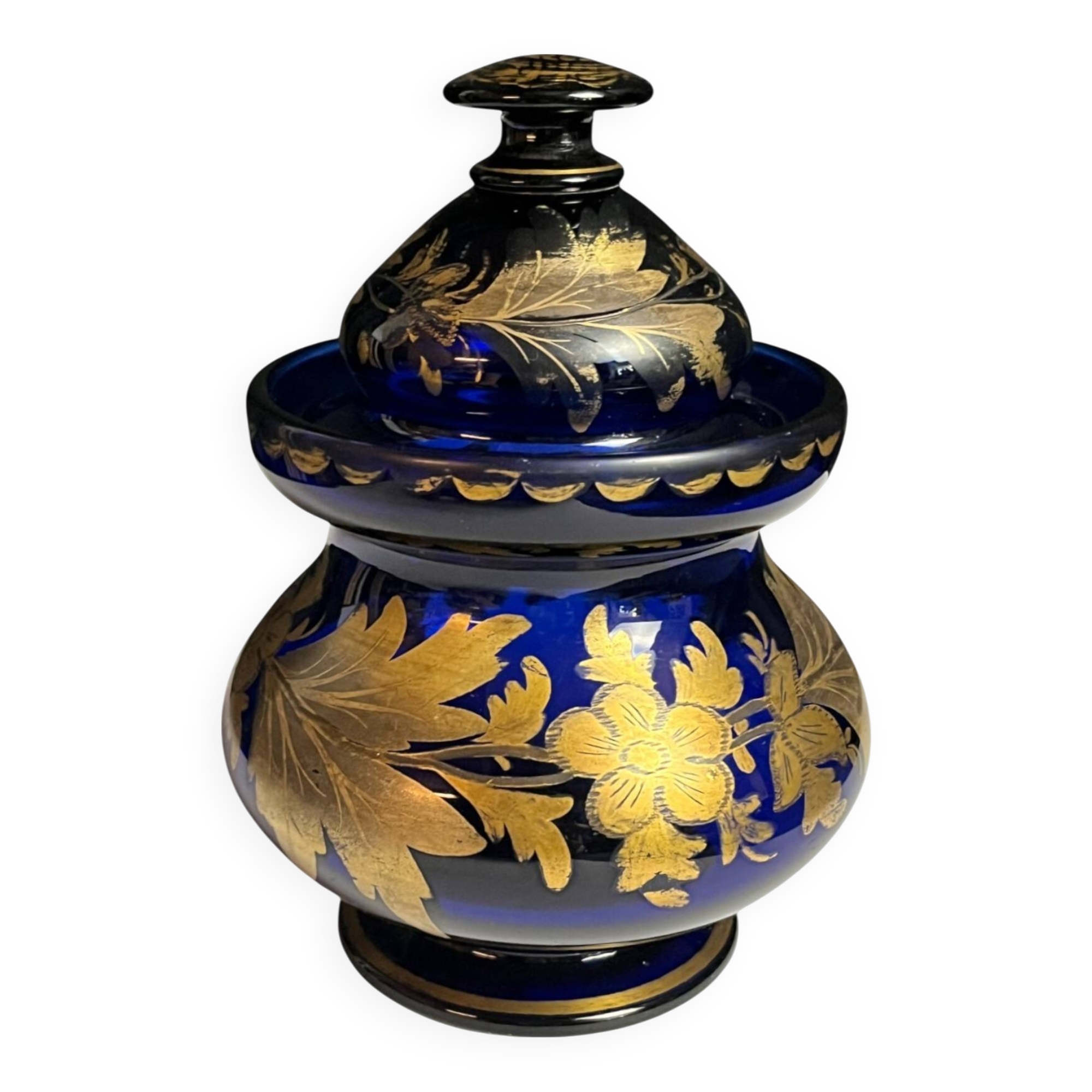 Antique covered pot or sugar bowl in blue and gold glass, early 20th century