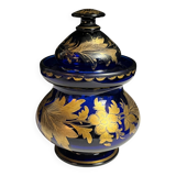 Antique covered pot or sugar bowl in blue and gold glass, early 20th century