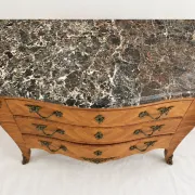 Curved Louis XV style commode in marquetry, veined marble and ornamentation.