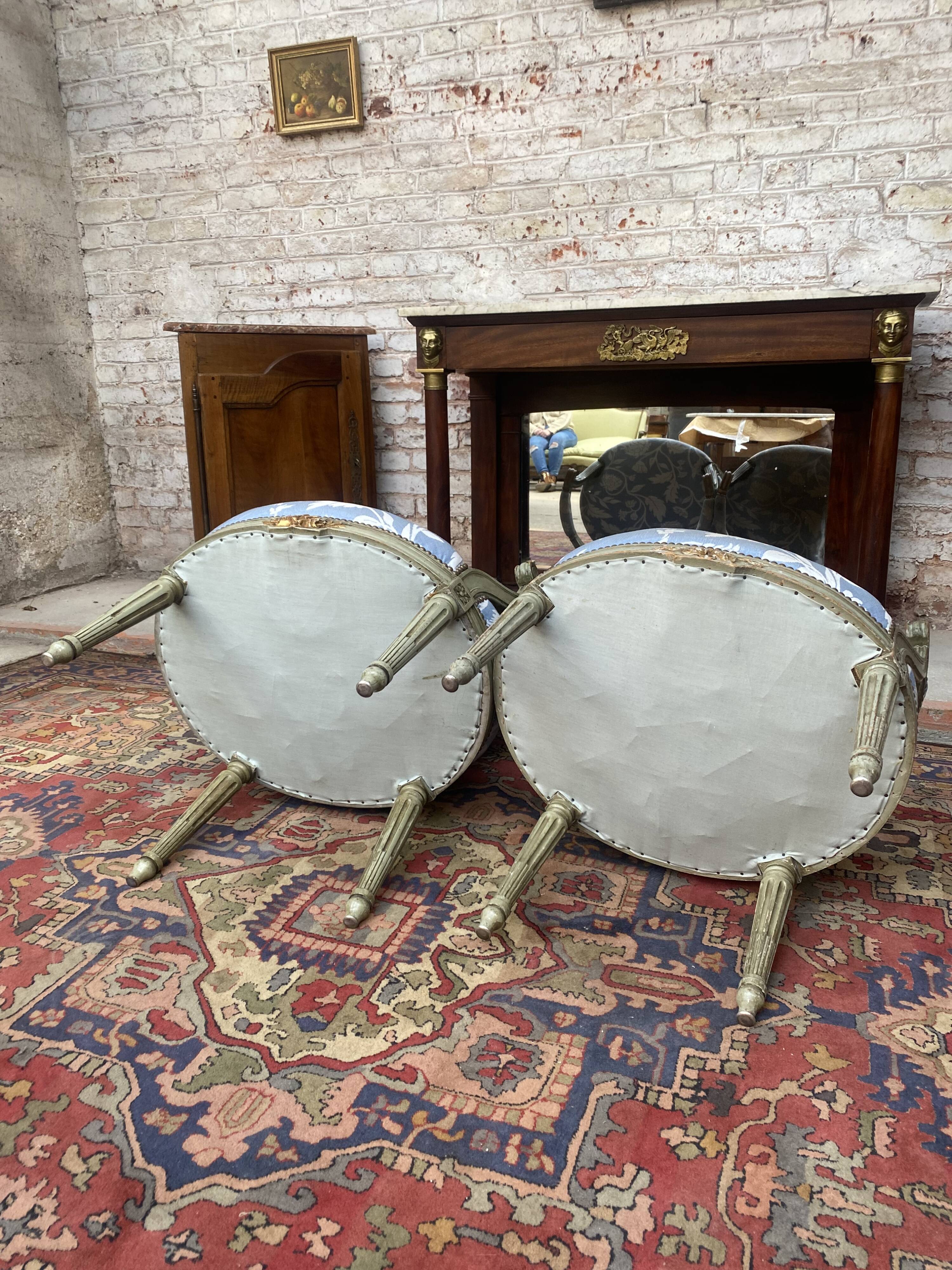 Pair of armchairs medallion in lacquered wood style louis xvi xix eme century