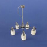 Large modernist chandelier in chromed metal and textured glass - 5 arms