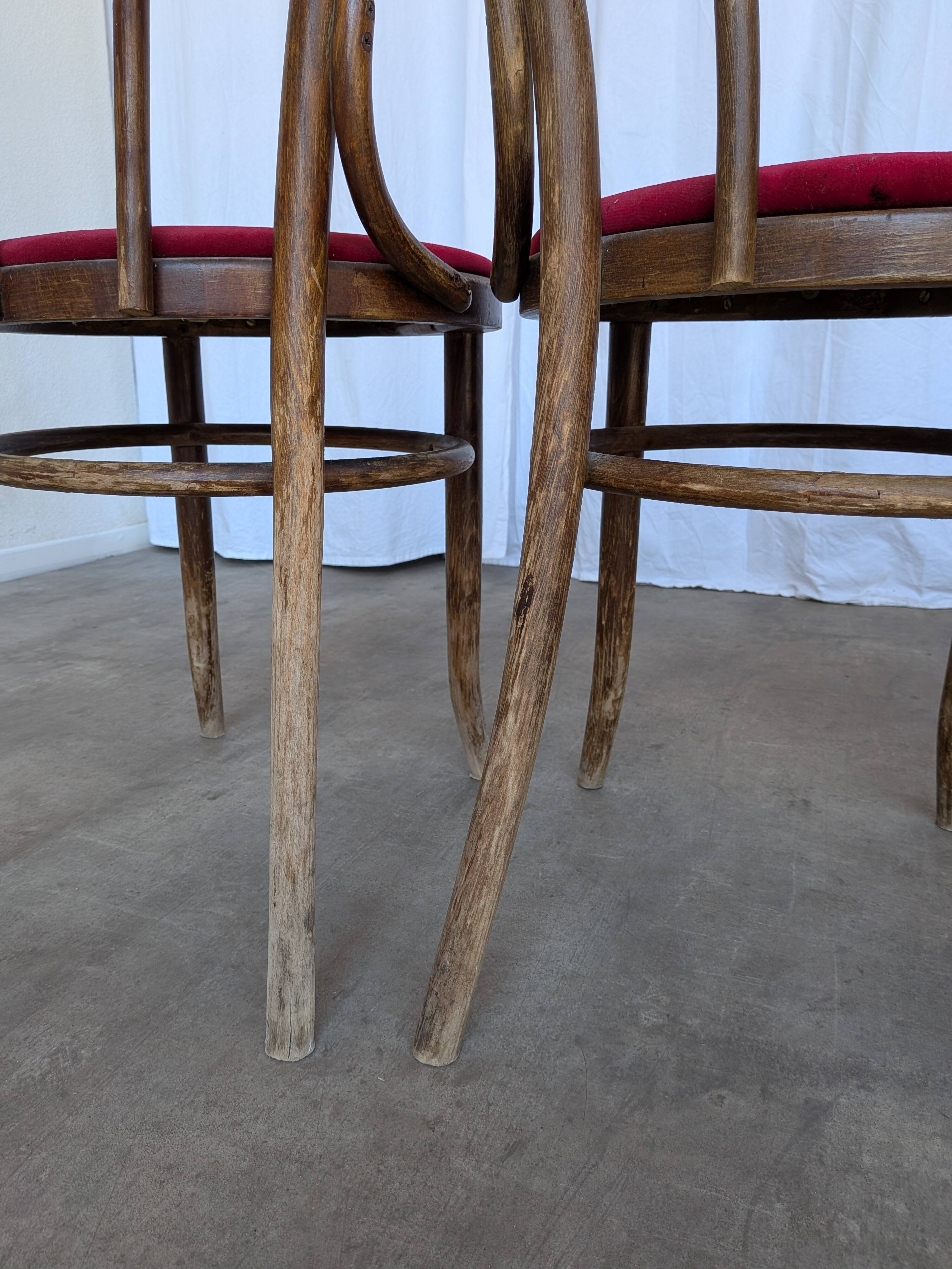 Set of 4 Vintage Bentwood Bistro Chairs, Red Upholstery