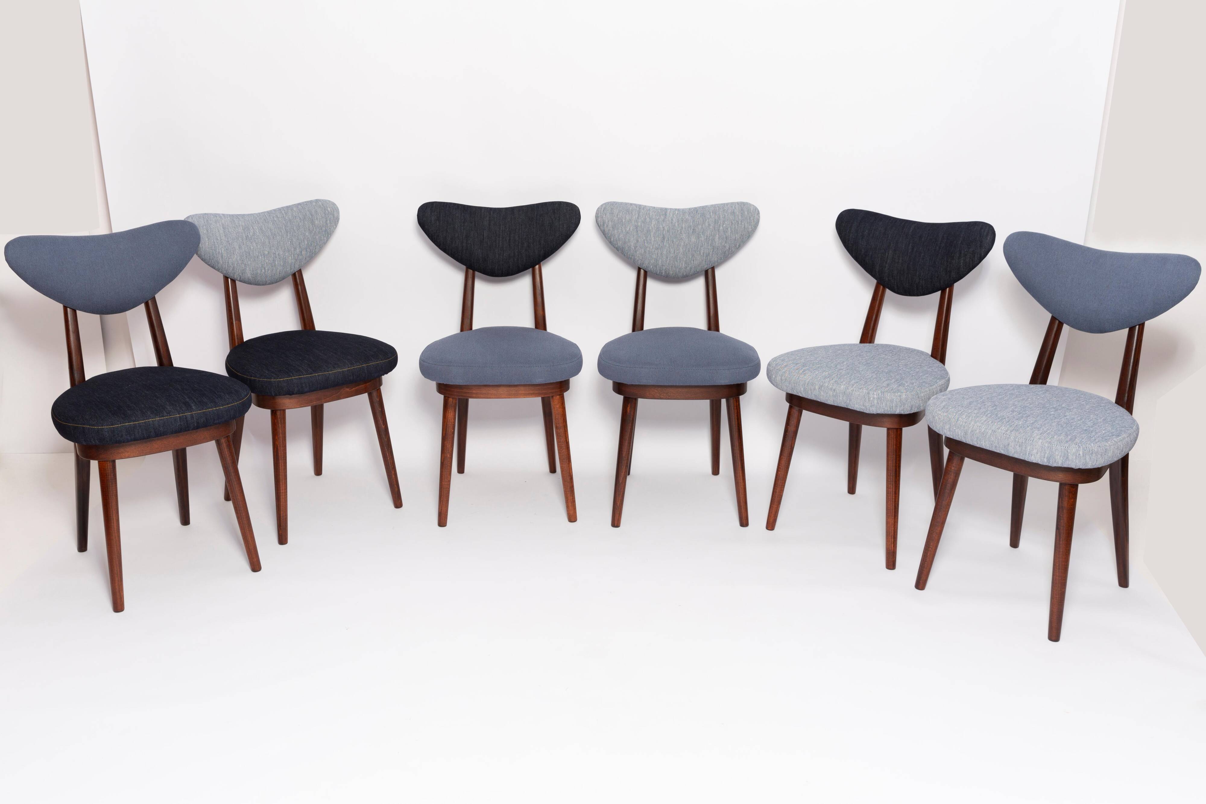 Heart-shaped chair in light and dark blue denim, mid-century style, Europe, 1960s.