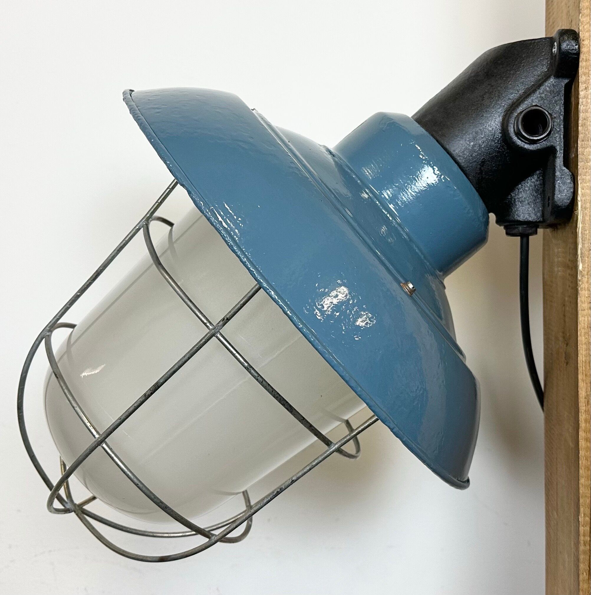 Industrial Blue Painted Factory Wall Cage Lamp from Elektrosvit, 1960s