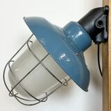 Industrial Blue Painted Factory Wall Cage Lamp from Elektrosvit, 1960s