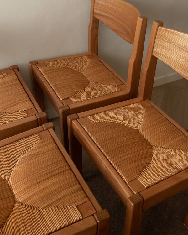 Chaises de salle à manger en frêne et paille de style mid-century par Maison Regain, années 1970, ensemble de 4.