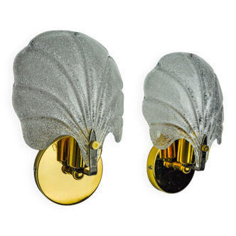 Pair of shell sconces, frosted murano glass, italy, 1980