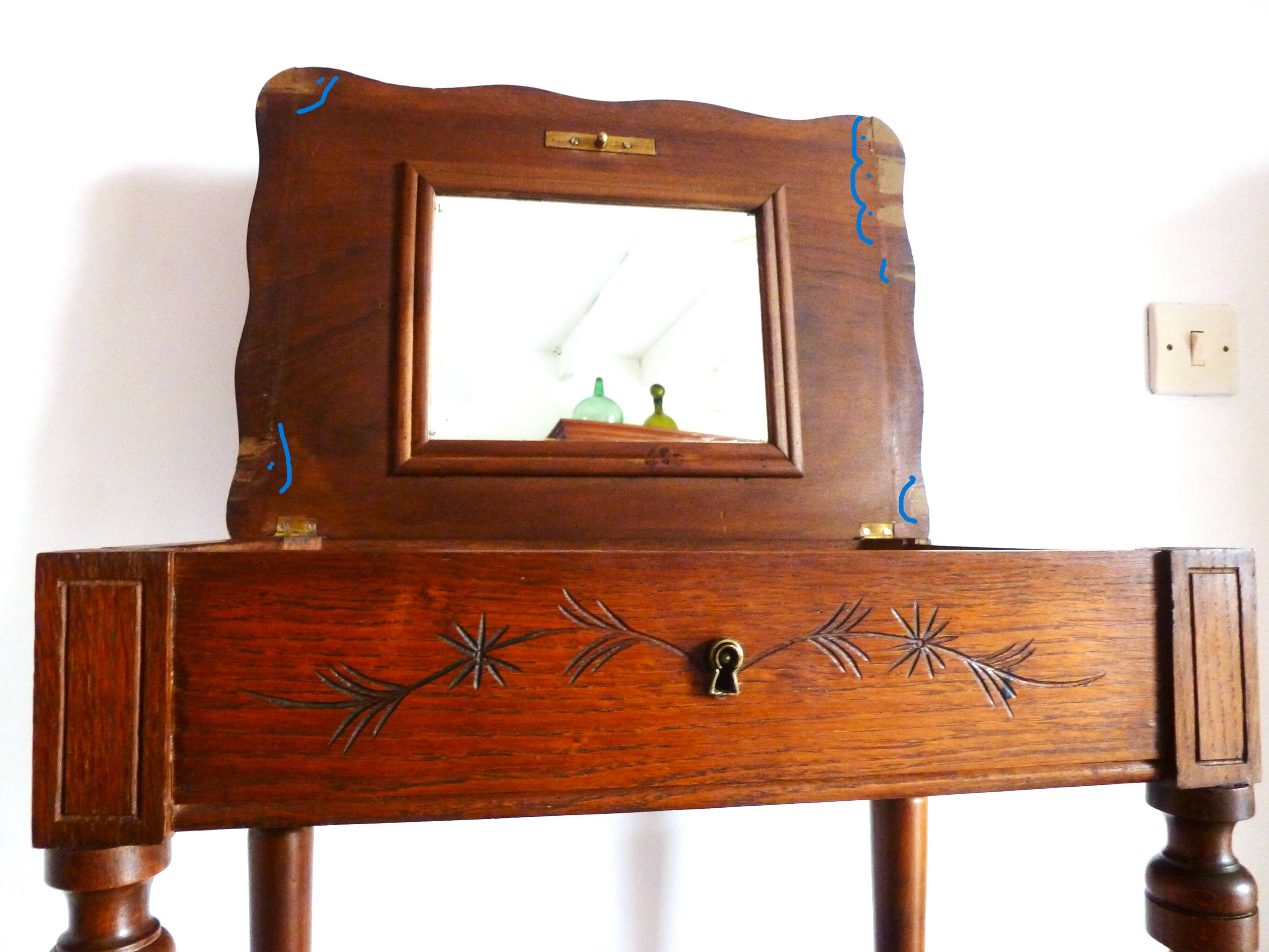 Vintage 1920s wooden dressing table with mirror and storage.