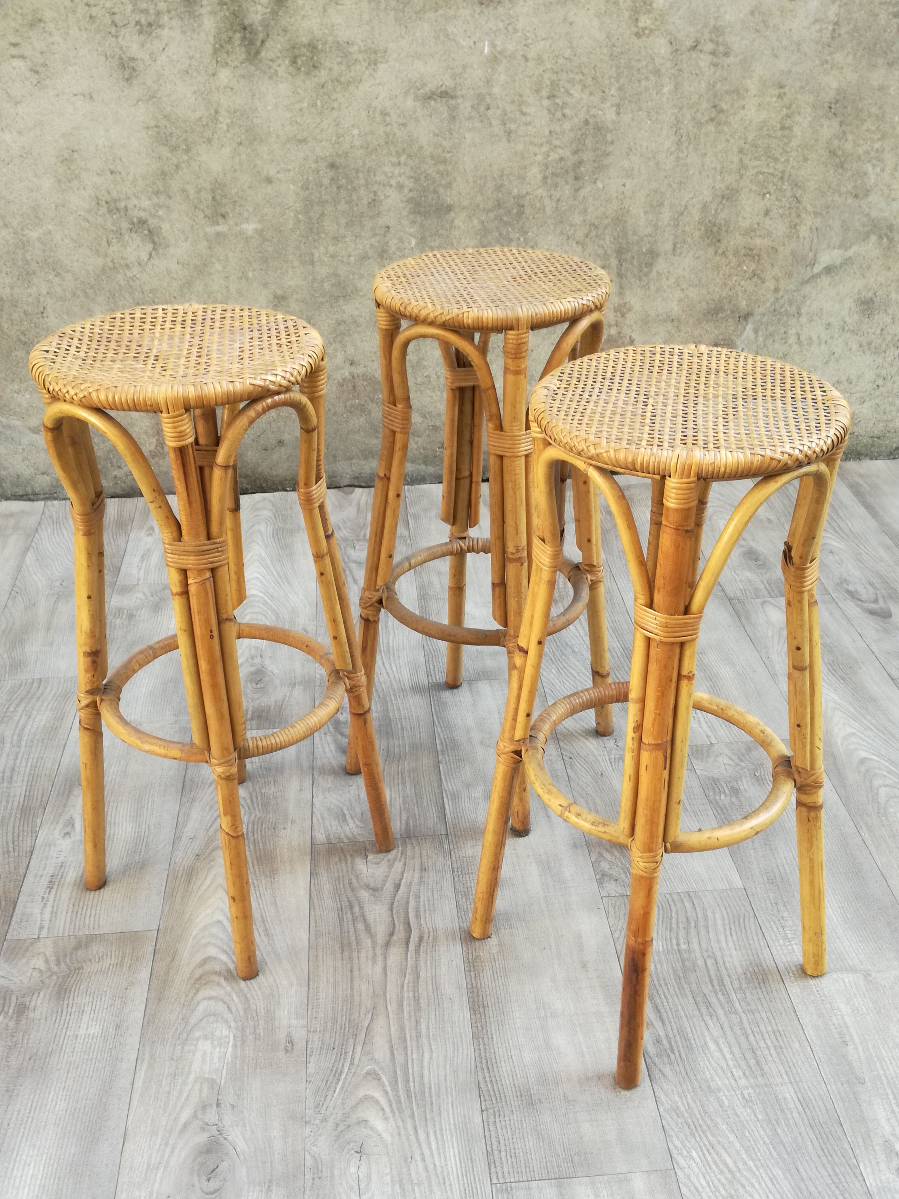 Set of 3 vintage rattan and bamboo stools