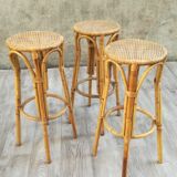 Set of 3 vintage rattan and bamboo stools