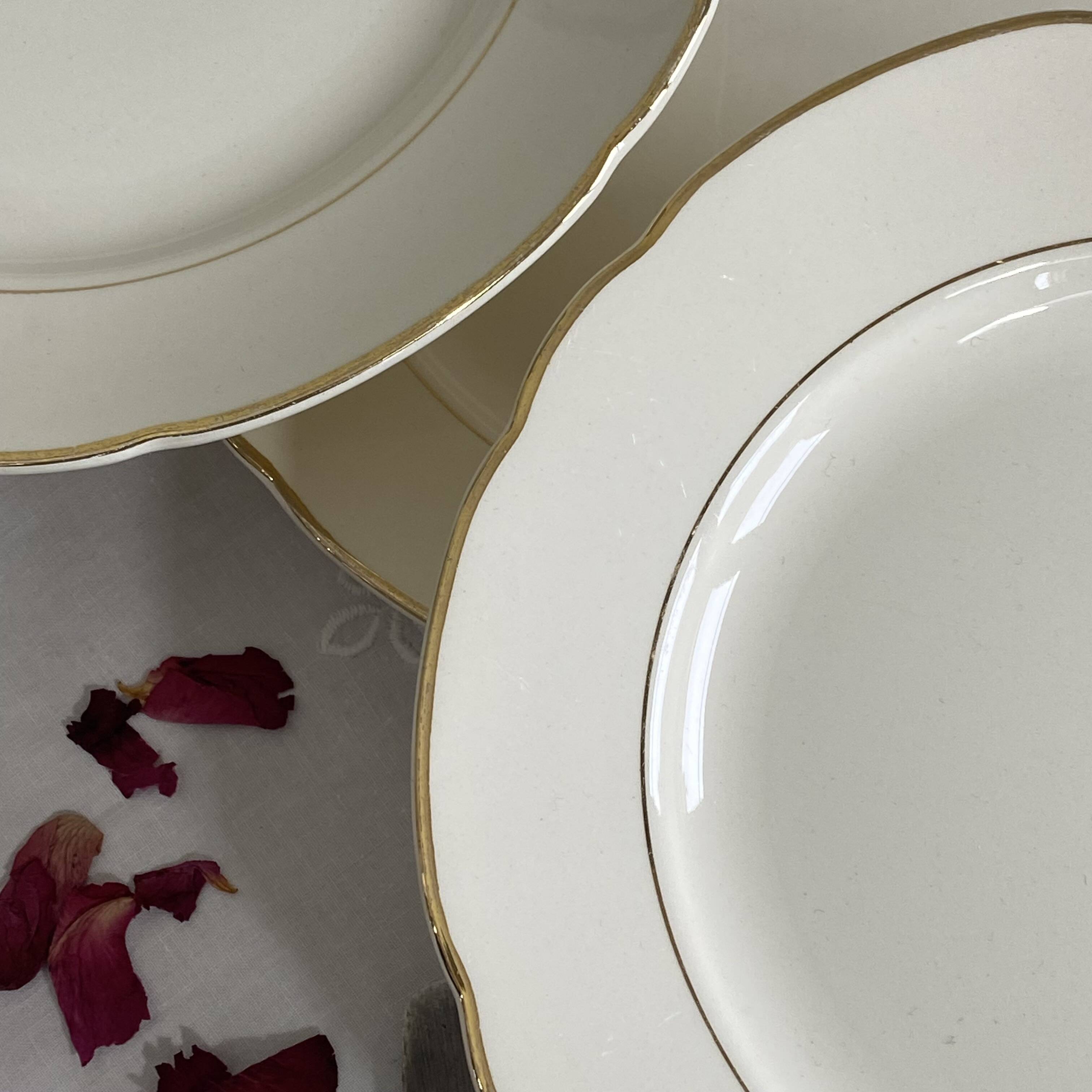 6 antique beige earthenware dinner plates with gold trim by Villeroy and Boch.