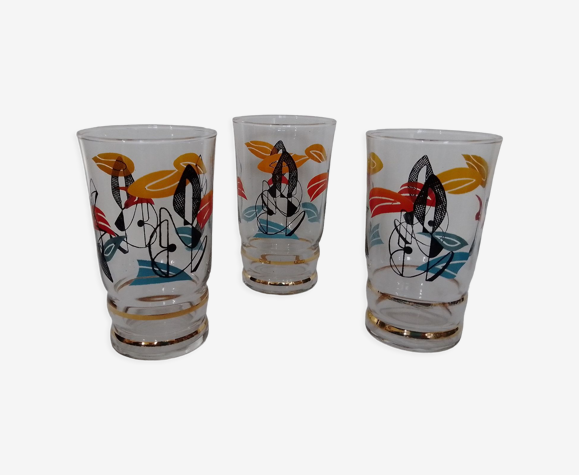 Lot de 3 verres années 50 sérigraphiés style Miro