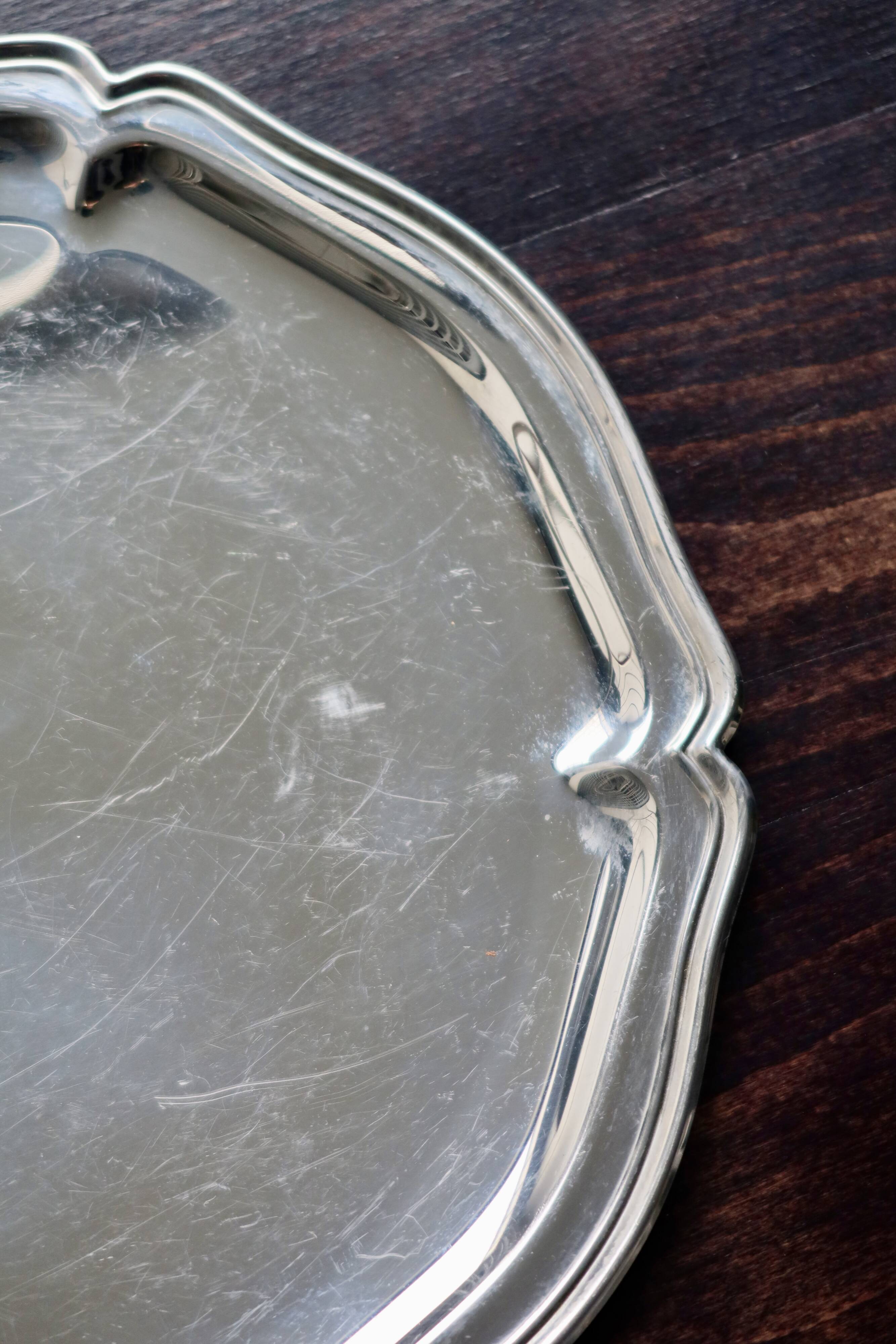 Vintage round tray in shiny silver metal - Bistro style