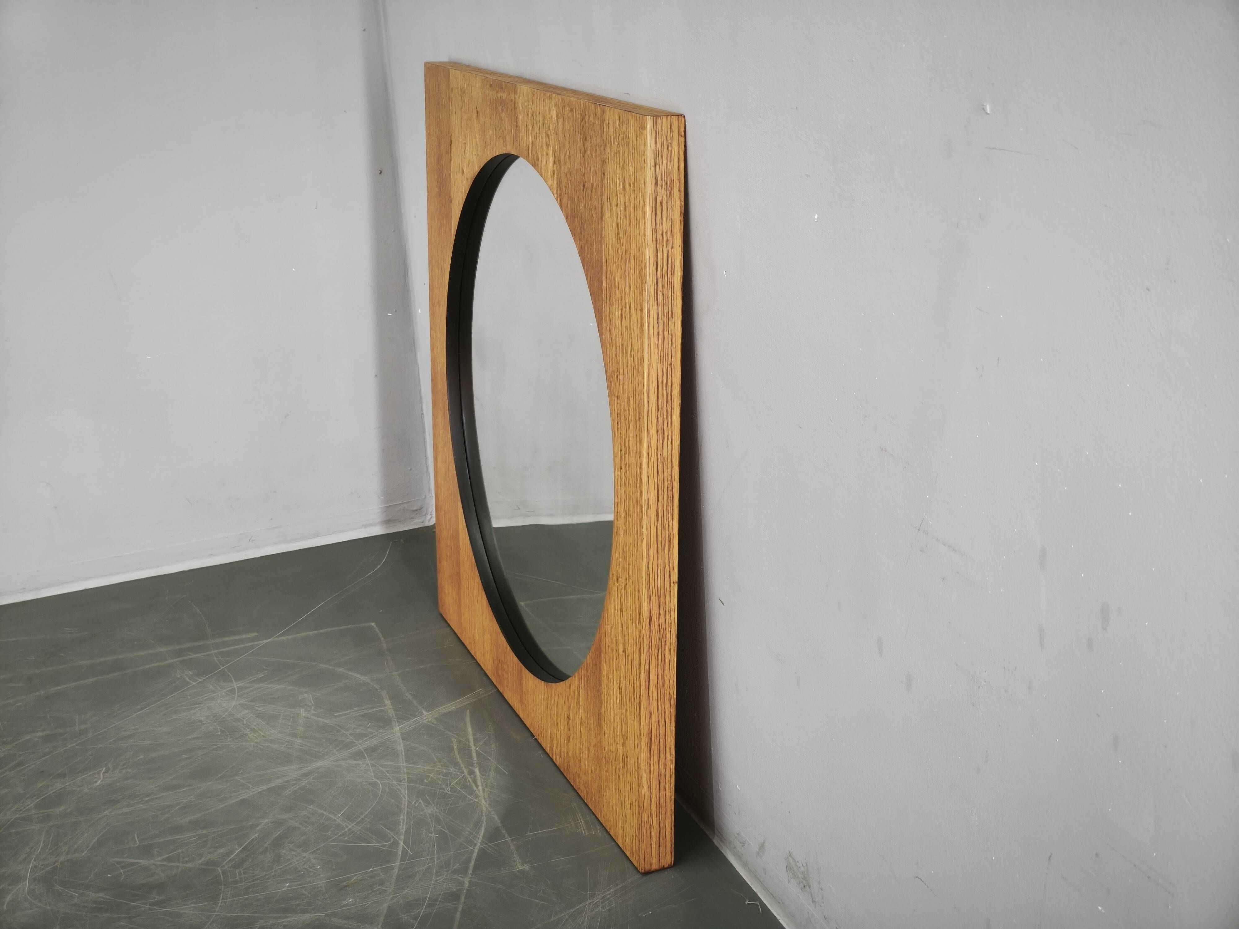 Vintage 1970s Czech Oak Veneer Square Mirror with Circular Glass
