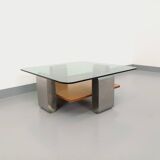 Square coffee table with 2 trays, vintage Space Age style from the 70s, in bluish smoked glass, teak
