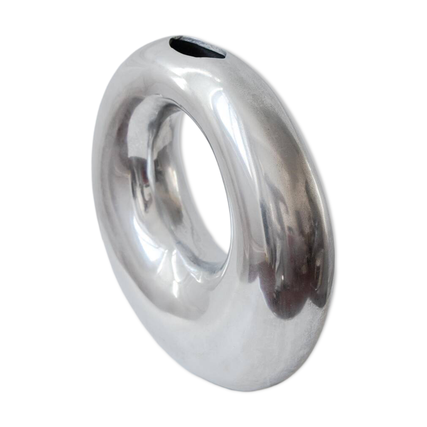 Vase sculpture vintage rond en aluminium poli chromé, travail italien