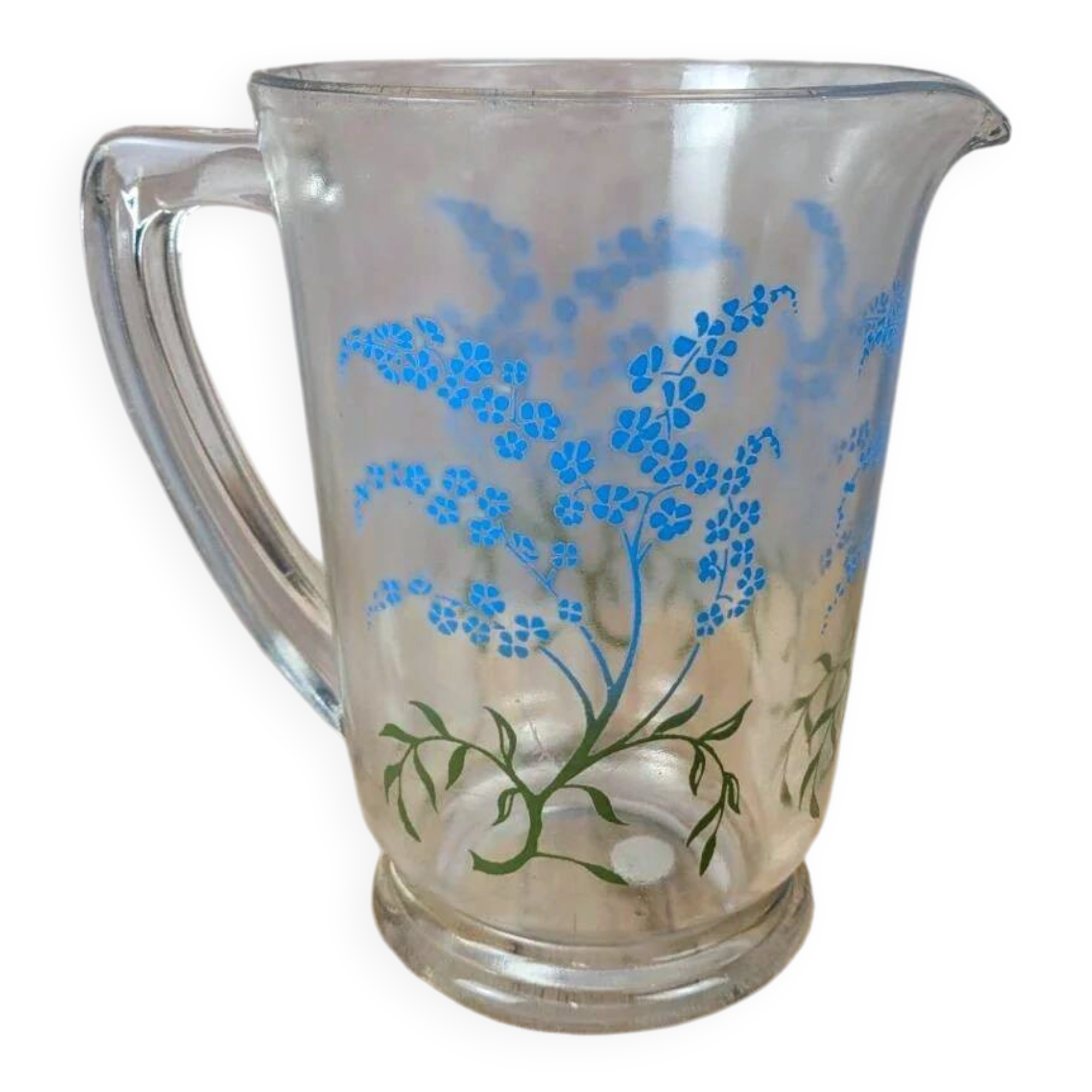 Pichet en verre décor floral bleu vintage