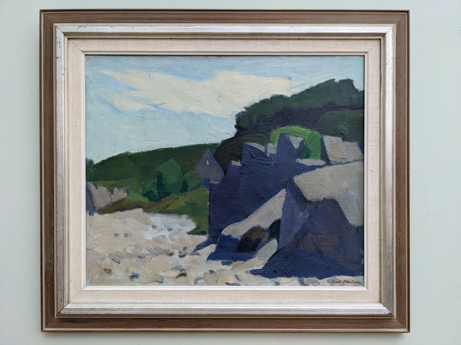 Mid-Century Modern "Outcrop" Swedish Landscape Oil Painting, Framed