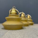 Vintage ocher glass hanging lamps with brass gallery
