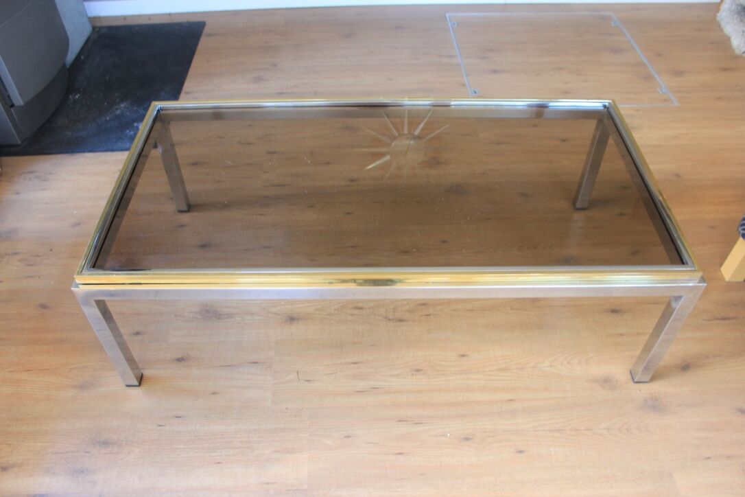 Table basse vintage en verre, laiton et chrome années 70